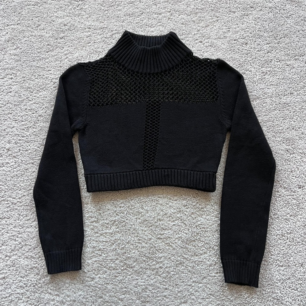JONNY COTA Open Knit Turtleneck Sweater Womens L Black Cropped Sheer Pullover